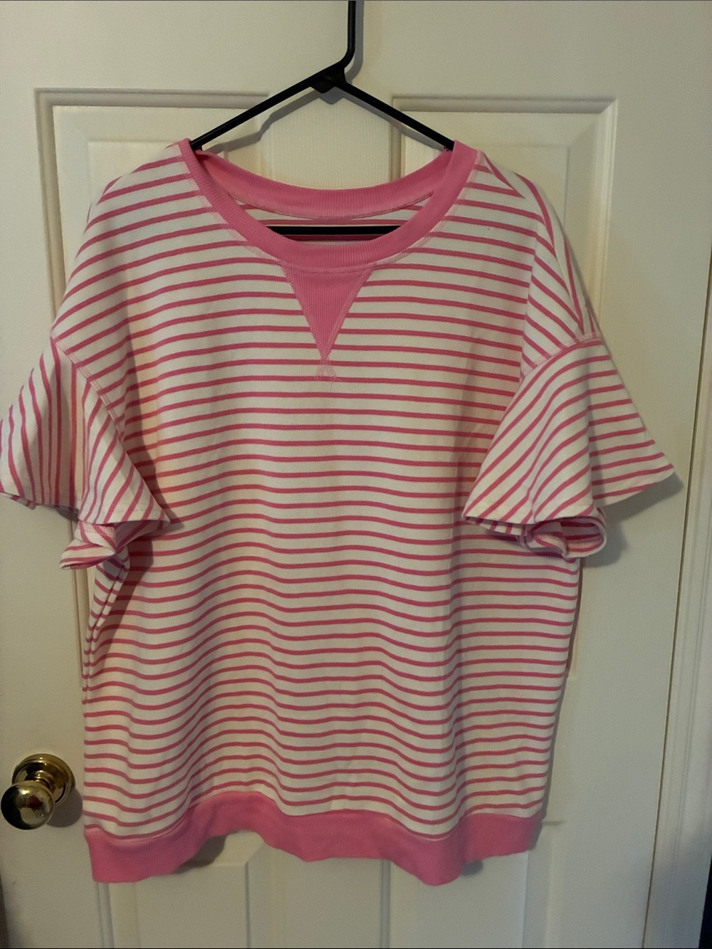 Women’s ' Pink and White Striped Ruffle Sleeve Top